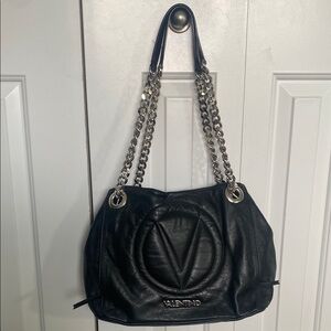 Beautiful Authentic Valentino Genuine Leather Black & Silver Chain Shoulder Bag